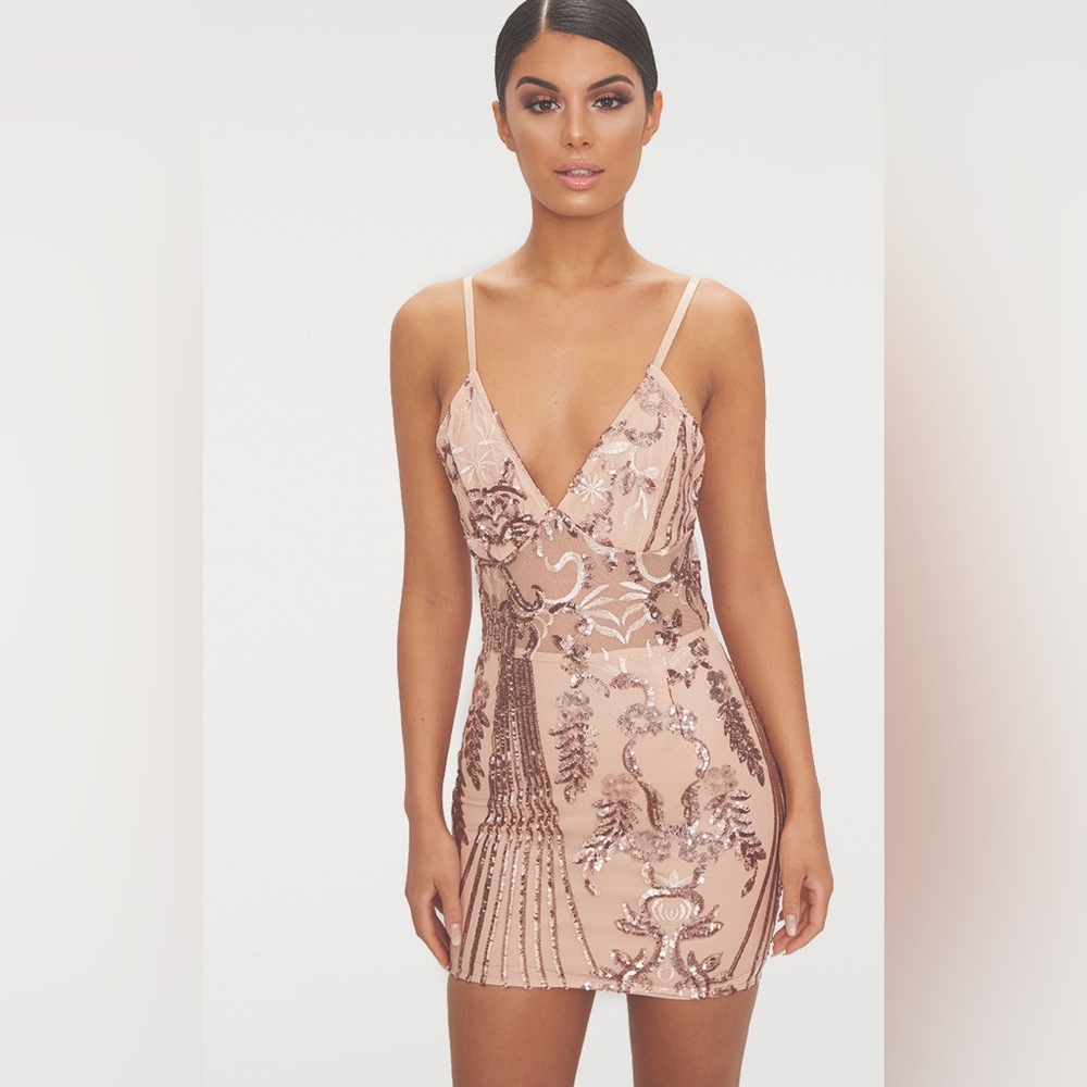 ✨PrettyLittleThing ✨ White & Gold Strappy Sheer Sequin Bodycon Dress 💛 UK 8/US6